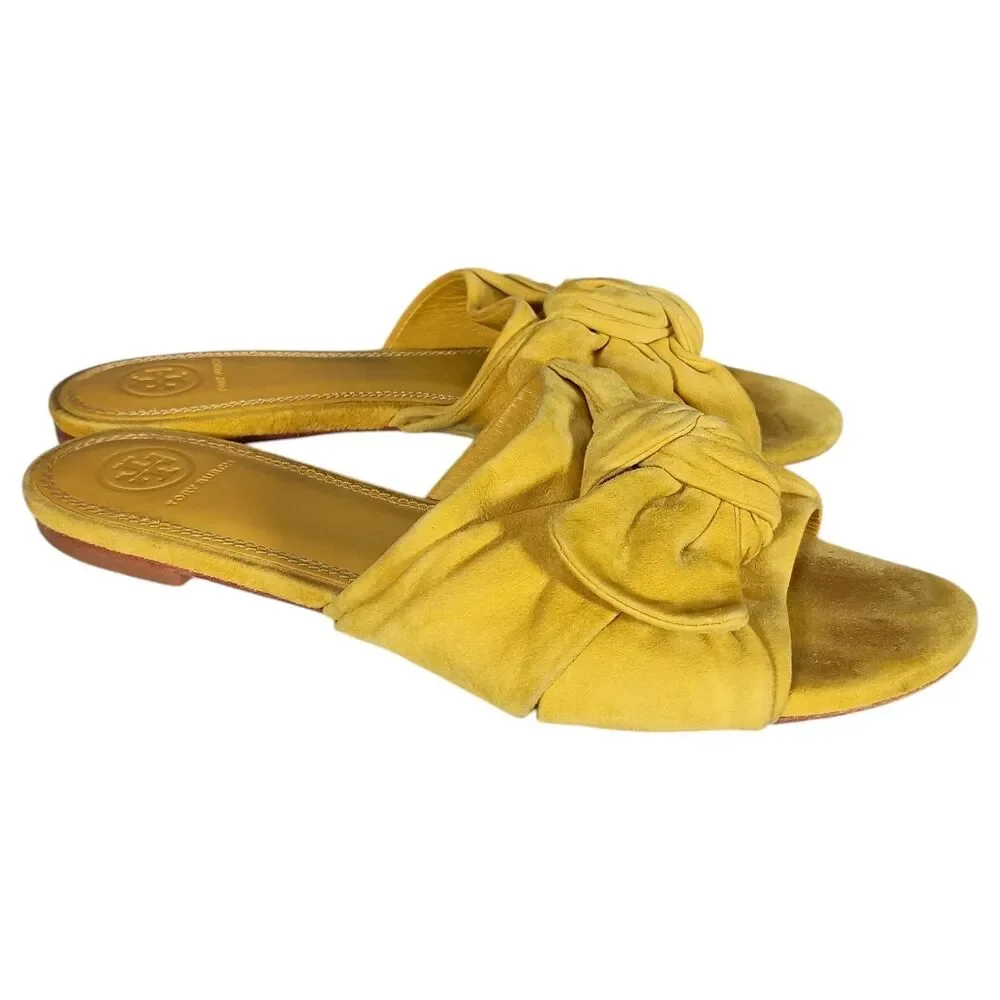 Tory Burch Annabelle Bow Slides Flats Sandals Yellow Suede Womens 8